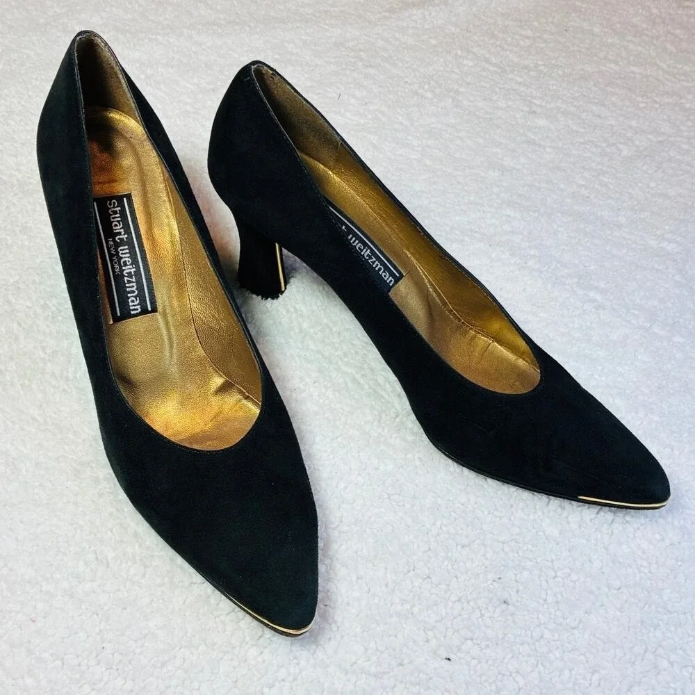 Stuart Weitzman black suede 7W heels Gold embellished‎ Elegant Quiet Luxury Glam